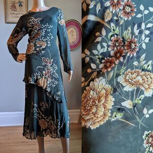 Vintage Y2K Eva Blue Green Midi Dress Floral Layered Fairycore Whimsygoth Size 6